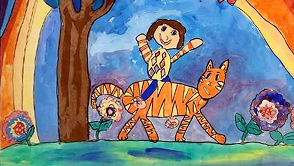 Childhood drawing of child riding a tiger.