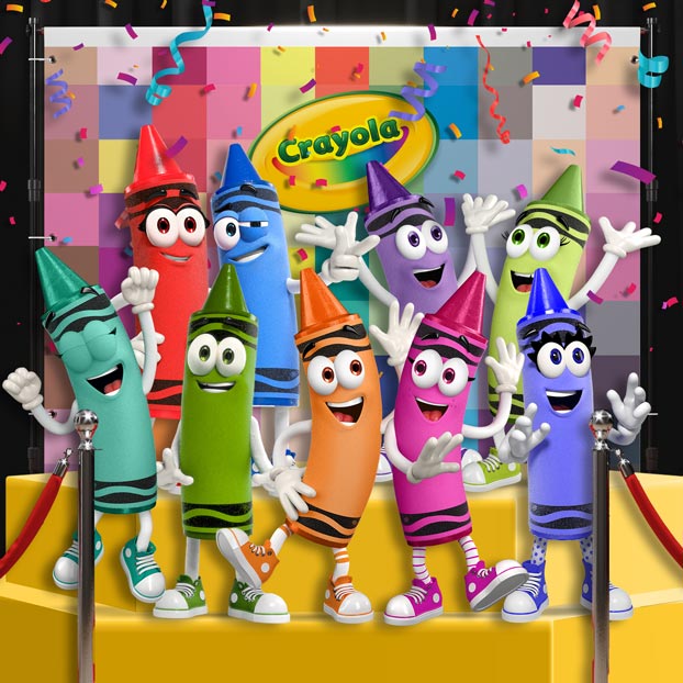 colorvote_v3_622 Variety of Crayola Crayon Characters gathered on a dais with confetti streaming all around them