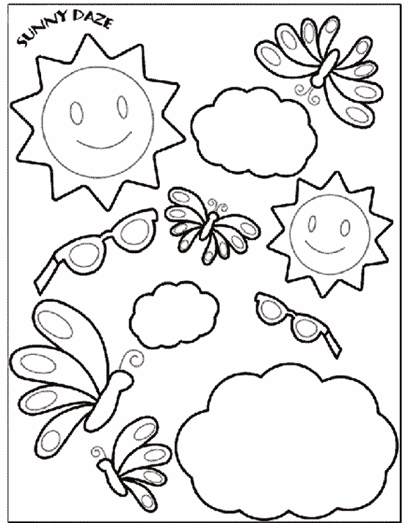 coloring page with suns, sunglasses, clouds, and butterflies