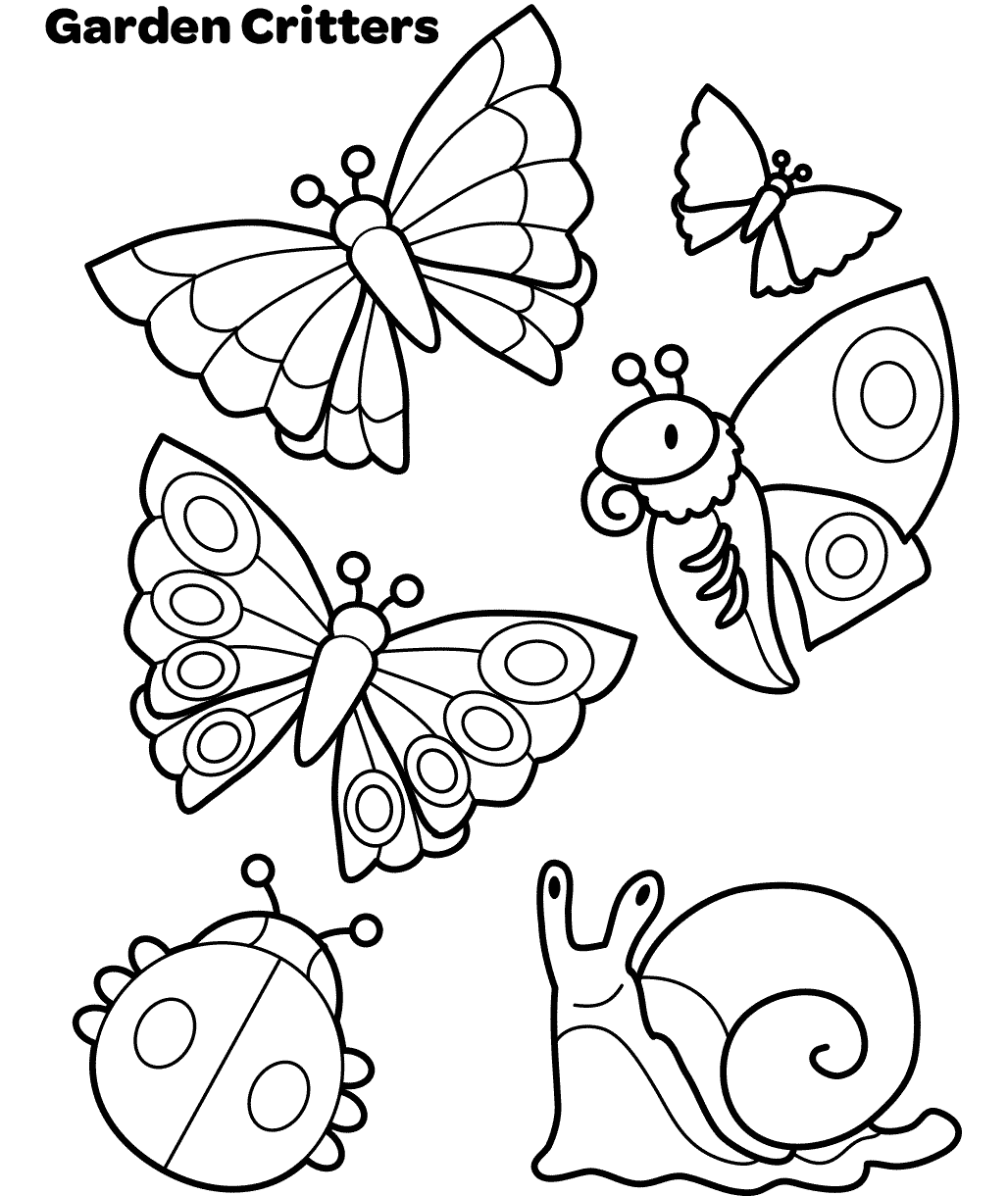 butterfly snail and lady bug garden critter coloring page