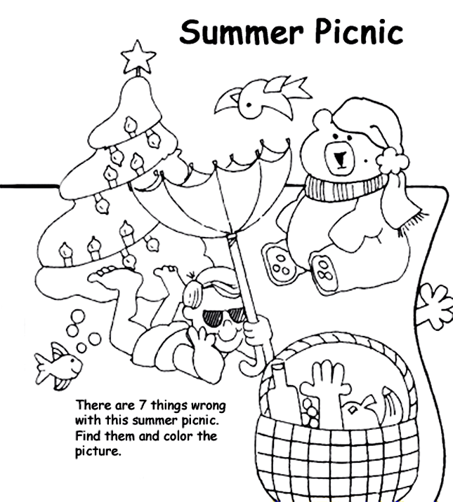 There are 7 things wrong with this summer picnic. Find them and color the picture.