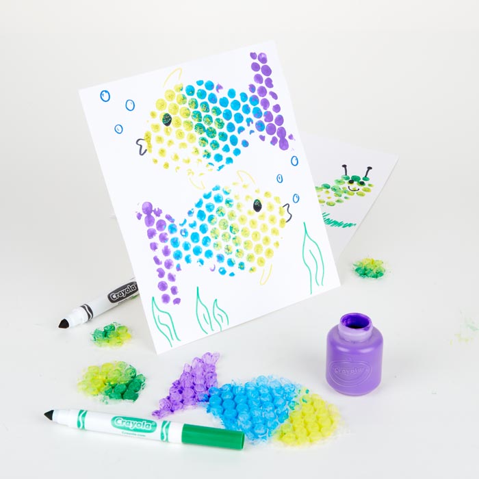 diy bubble wrap stamping craft. front view with crayola markers.