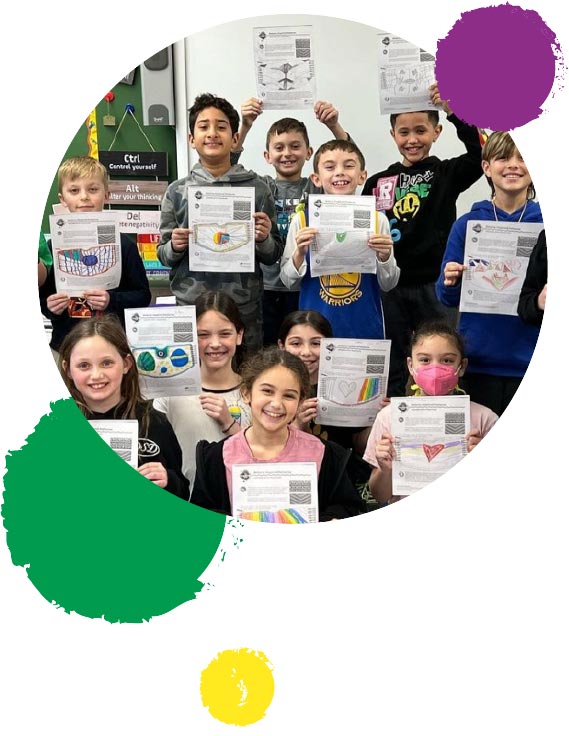 Diverse group of children showcasing their Crayola Creativity Week Thinking Sheets