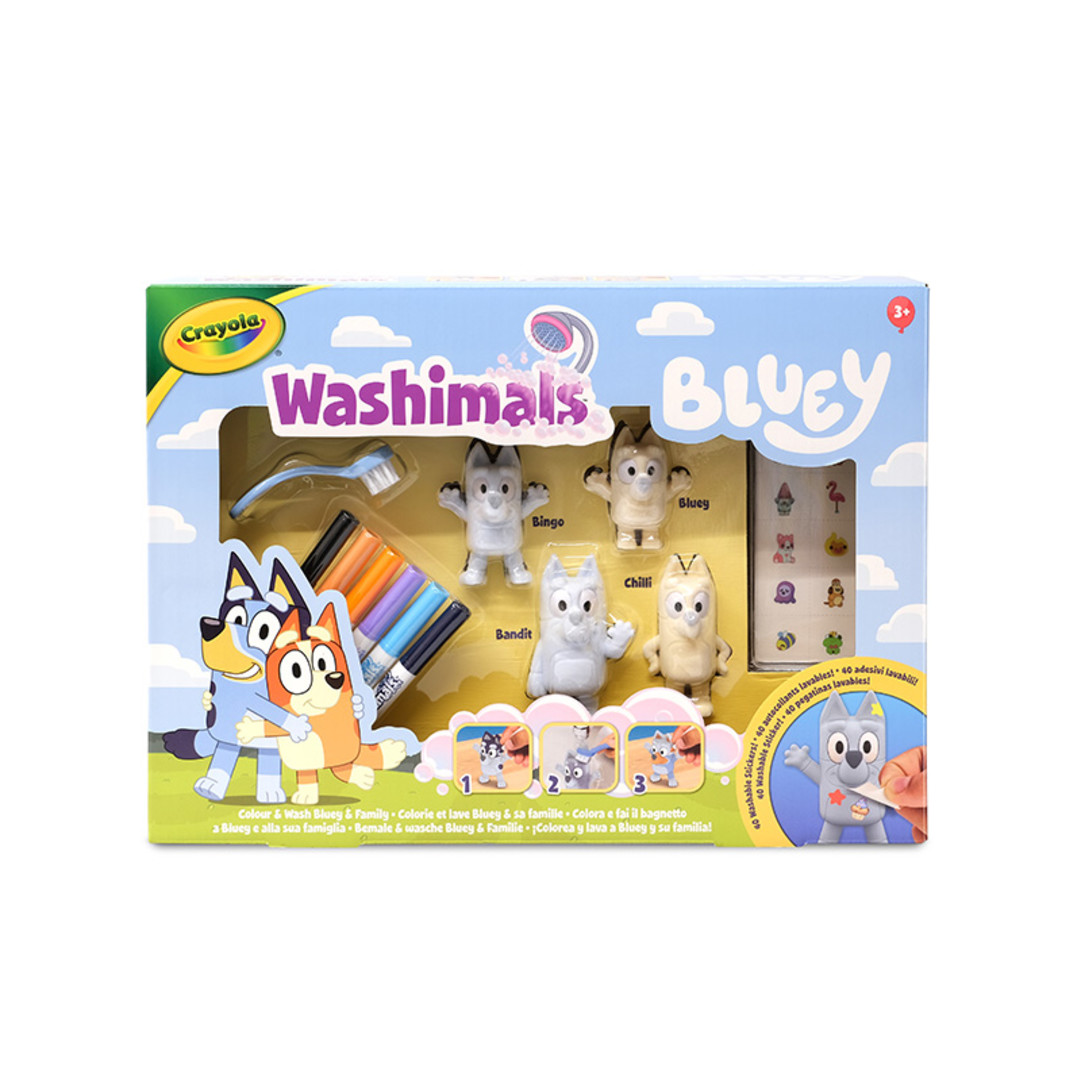 Washimals Bluey - Set Attivit con 4 cuccioli con adesivi lavabiliContents