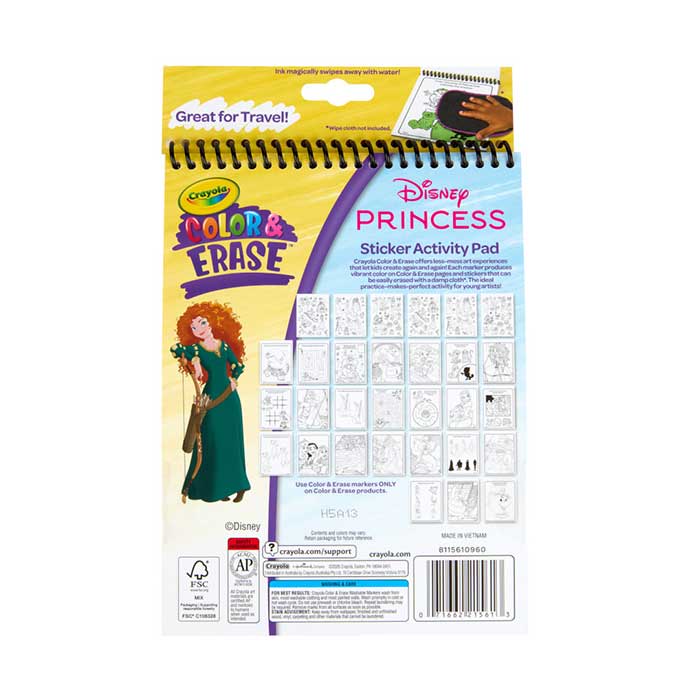 Color & Erase Disney Princess Reusable Sticker Activity Pad back view.