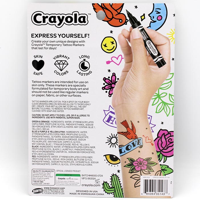 Crayola Temporary Tattoo Markers, 8 Count back view.