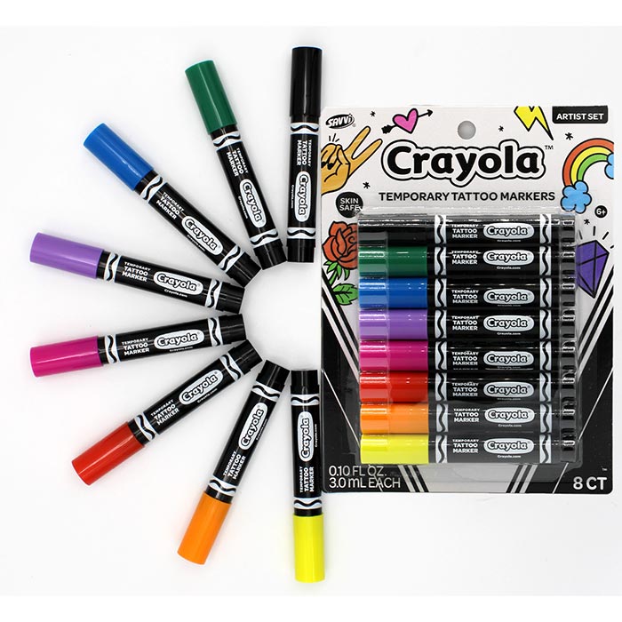 Crayola Temporary Tattoo Markers, 8 Count packaging and contents.