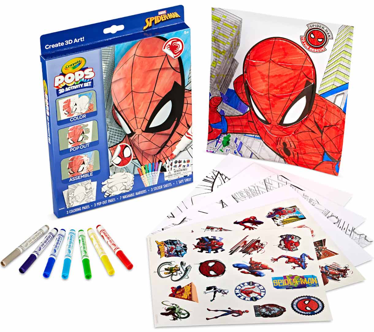 POPS 3D activity set  spiderman packaging and contents with a completed project.