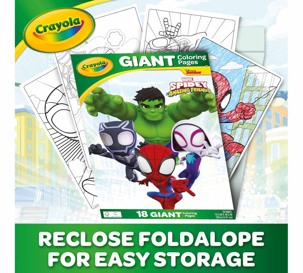 Spidey & His Amazing Friends Giant Coloring Pages. Reclose foldalope for easy storage.