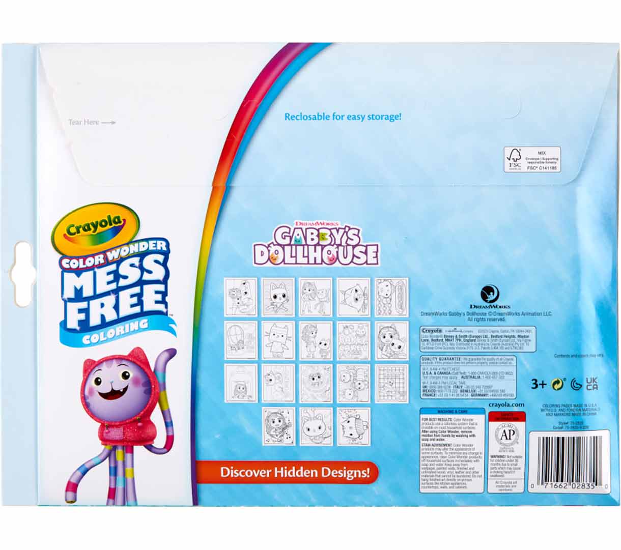 Color Wonder Mess Free Gabby's Dollhouse Coloring Pages & Markers back view.