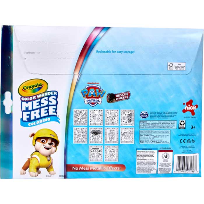 Color Wonder Mess Free PAW Patrol Rescue Wheels Metallic Coloring Pages & Markers back view.