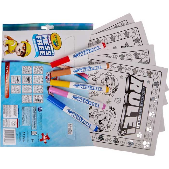 Color Wonder Mess Free PAW Patrol Rescue Wheels Metallic Coloring Pages & Markers back view. Foldalope storage with contents.