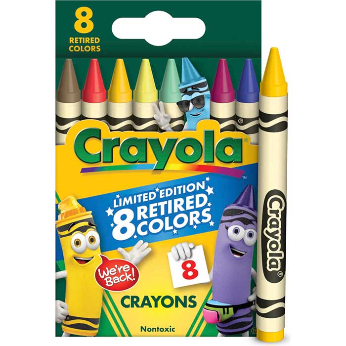 Limited Edition Retired Crayons, 8 count front view with dandelion crayon standing on end next to box.