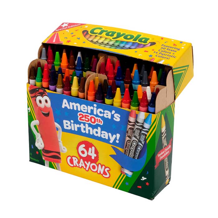 Crayola 64 Count Crayons, America’s 250th Birthday Special Edition Crayons right side view of open box.