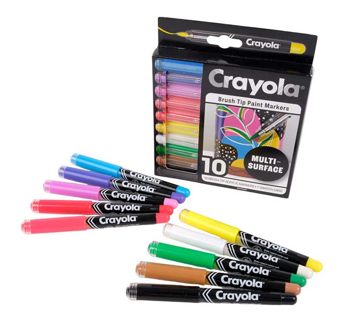 Brush Tip Acrylic Paint Markers, 10 count packaging and contents.