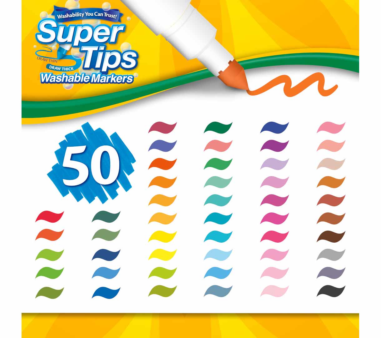 Washable Super Tips Markers  50 Count color swatches.