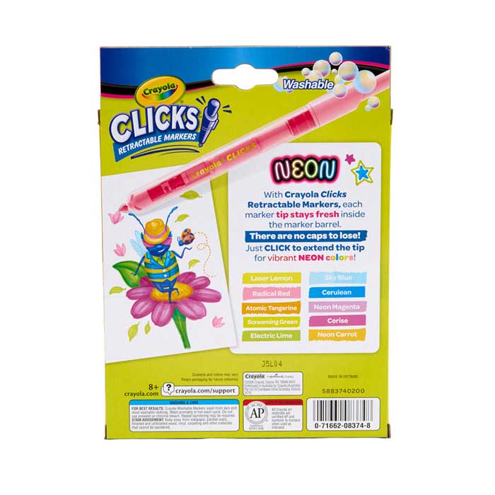 Clicks Retractable Markers, Neon, 10 Count back view.