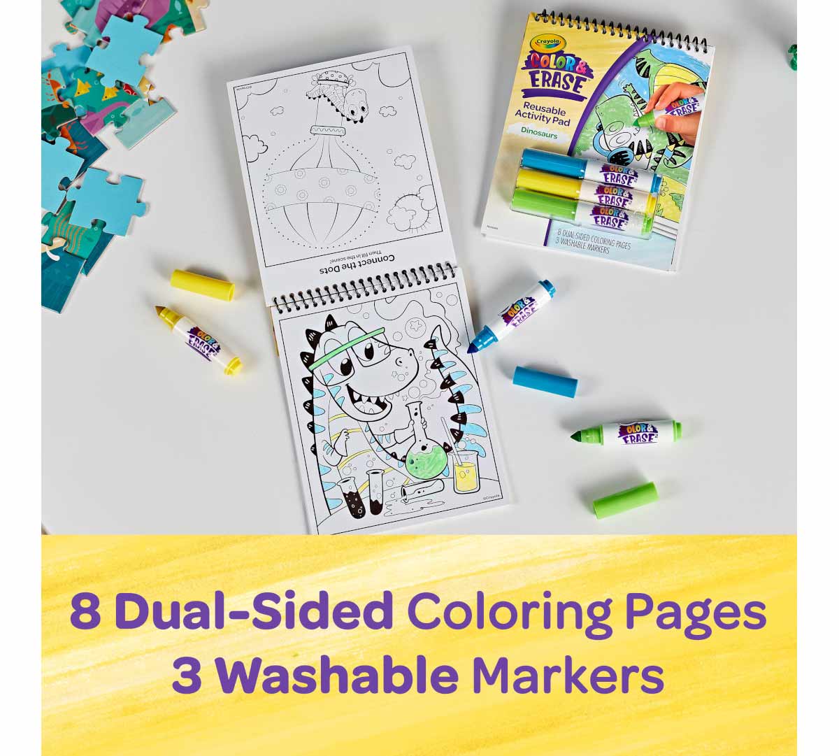 Dinosaur Color and Erase Reusable Activity Pad with Markers. Ink Magically Swipes Away With Water