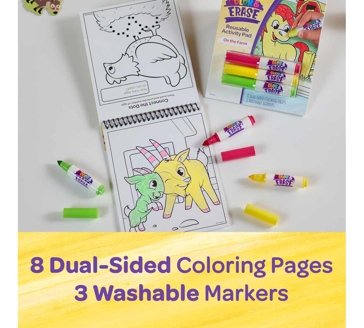 On the Farm Color and Erase Reusable Activity Pad with Markers. 8 dual-sided coloring pages. 3 washable markers.
