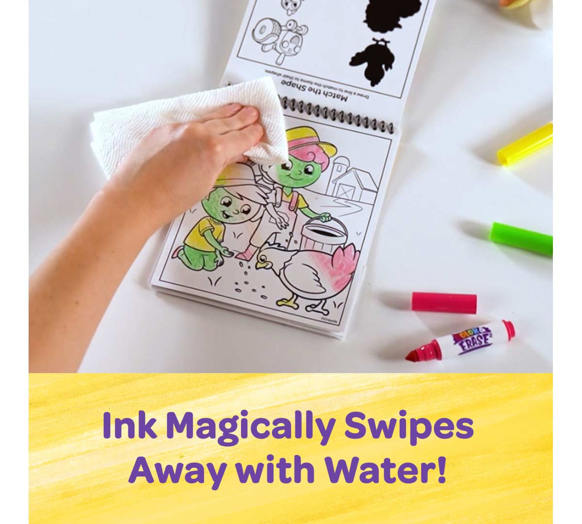 On the Farm Color and Erase Reusable Activity Pad with Markers. Ink magically swipes away with water.