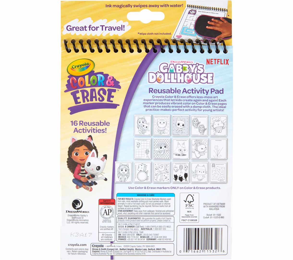 Gabby's dollhouse color & erase activity pad with markers  back view