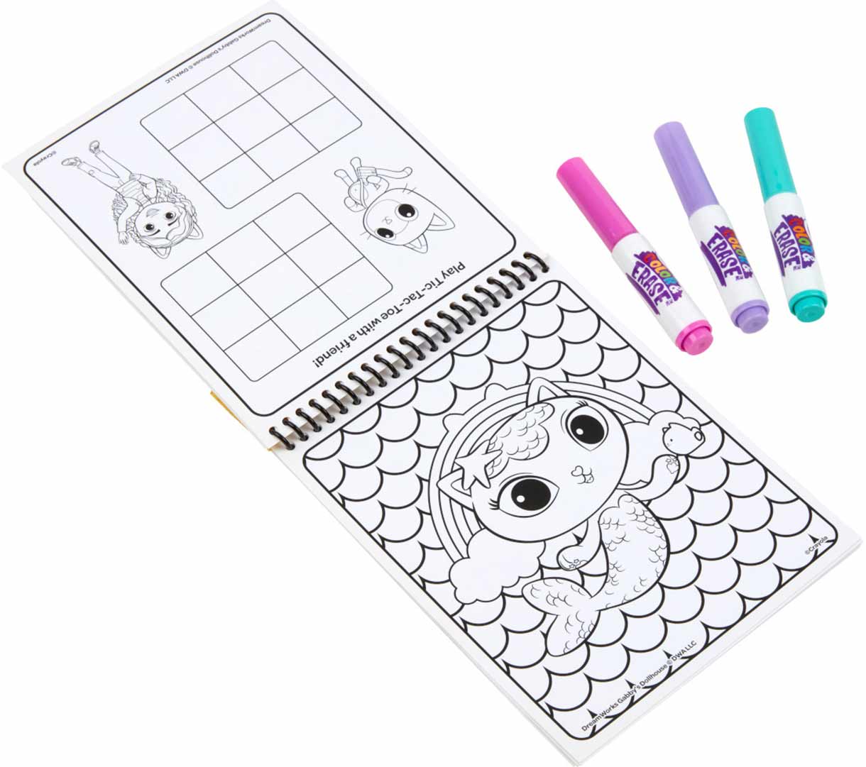 Gabby's dollhouse color & erase activity pad with markers. Open book and 3 markers.
