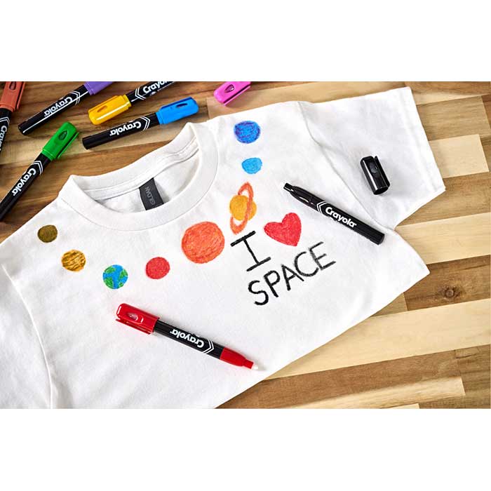 Bullet Tip Acrylic Paint Markers, 10ct. Decorated t-shirt surrounded by acrylic paint markers.