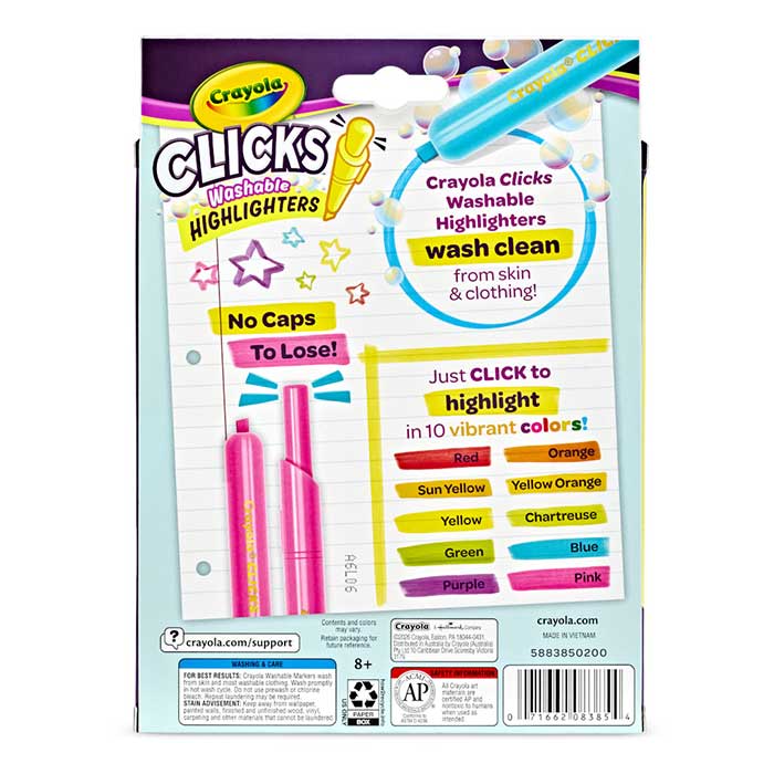 Clicks Retractable Highlighters, 10 count back view.