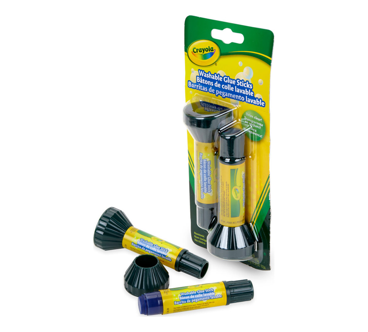 Washable Glue Sticks packaging and contents.  Glue sticks laying down; one with top off.