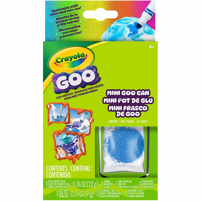 Crayola Goo, 1 count Mini Goo can blue sand front view.