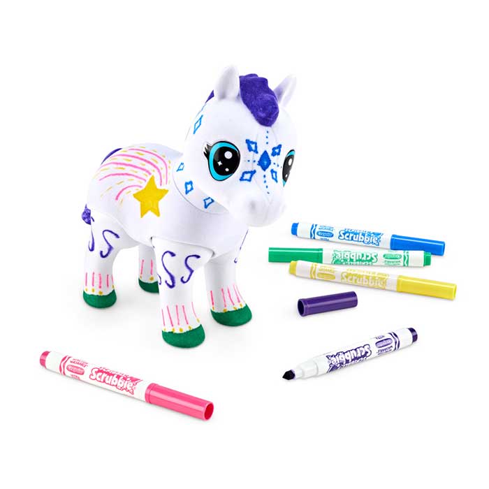 Scribble Scrubbie Jumbo Pet, Big Evie. Decorated Evie with markers scattered about.