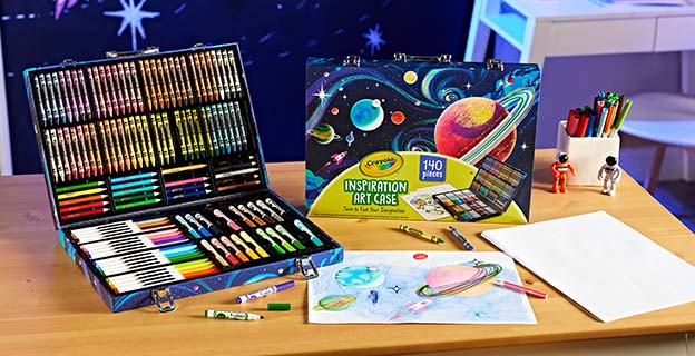 A creativity kit with crayons, pencils, and markers.